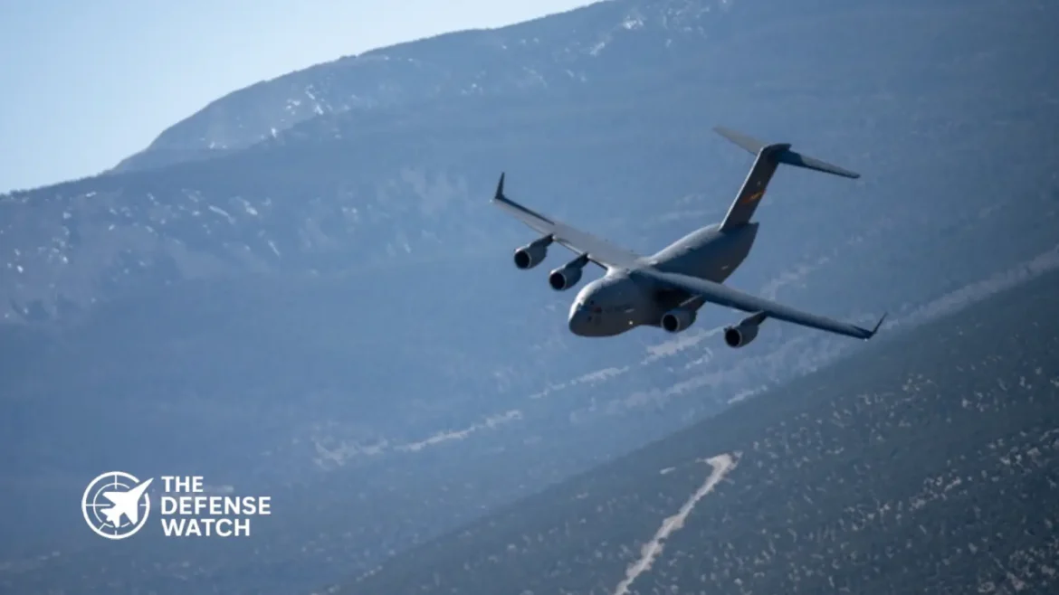 U.S. Air Force cargo aircraft deploying palletized cruise missiles during a Rapid Dragon weapons test over the Pacific region