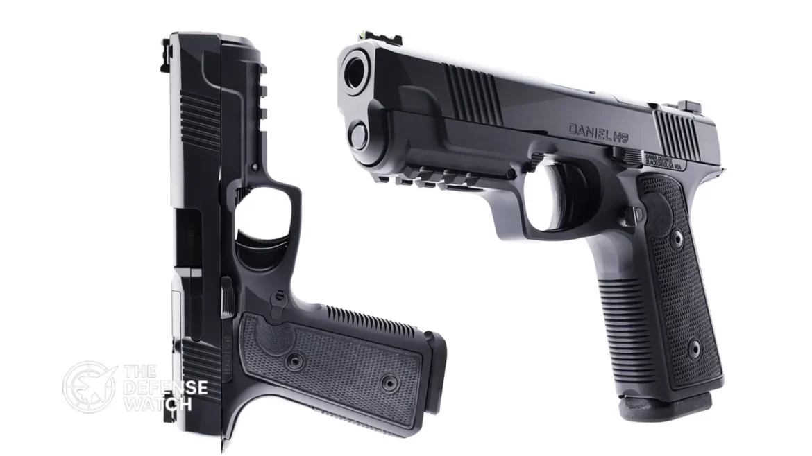 Daniel Defense H9 pistol — 7075-T6 aluminum frame with low bore axis profile and Cold Hammer Forged barrel, right-side view.