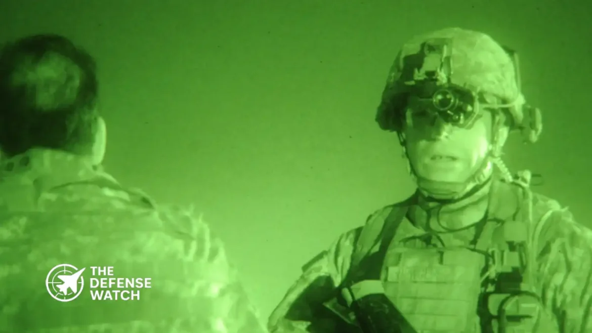 U.S. Army soldier wearing enhanced night vision goggles during nighttime combat training exercise