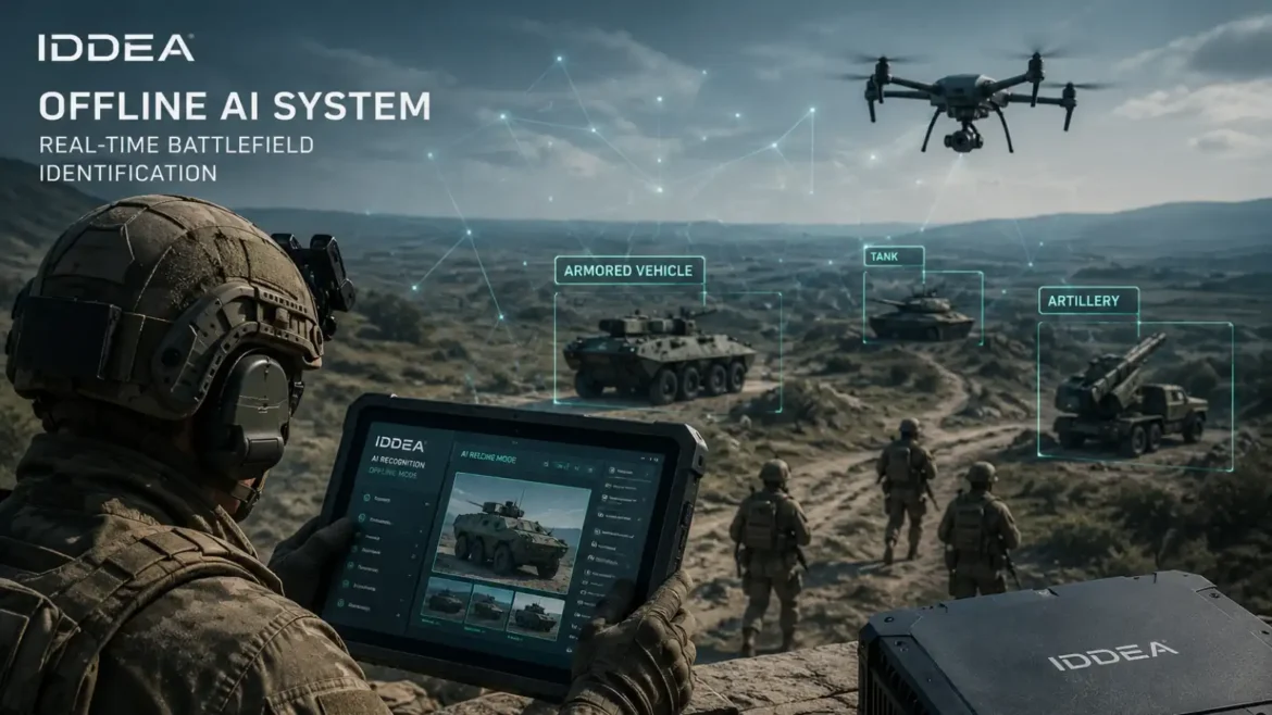 Belgian IDDEA offline AI battlefield identification system analyzing military vehicles in a combat operations environment