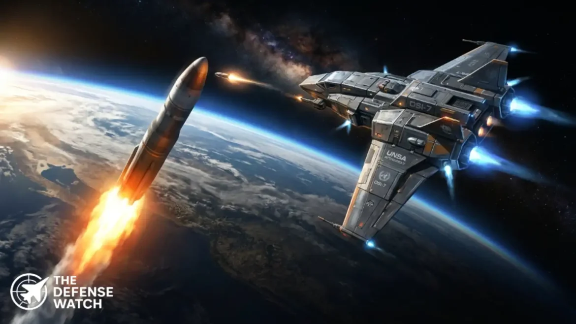 Illustration of a space-based interceptor targeting a missile during boost phase over Earth