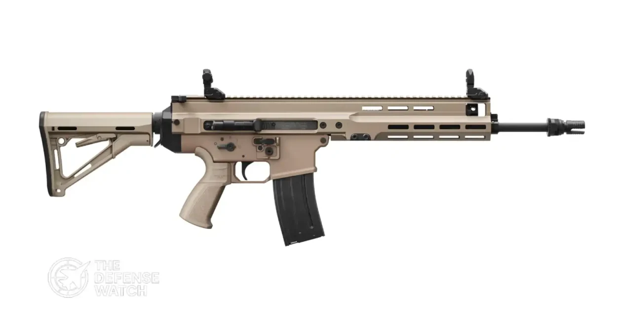 FN ARKA 5.56mm assault rifle displayed during a defense exhibition, highlighting its modern infantry weapon design and SCAR-derived architecture.