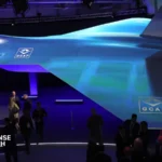 Concept model of the GCAP next generation fighter aircraft displayed during an international aerospace exhibition.