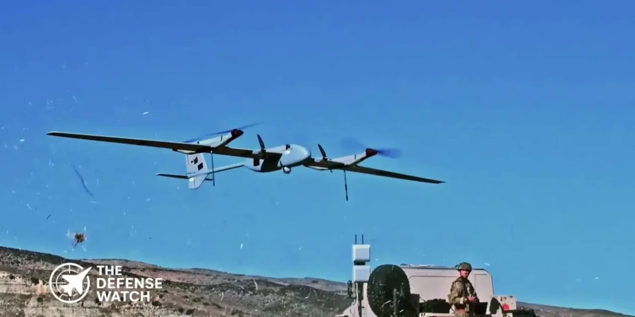AeroVironment P550 long range reconnaissance drone conducting a tactical mission during a U.S. Army field exercise.