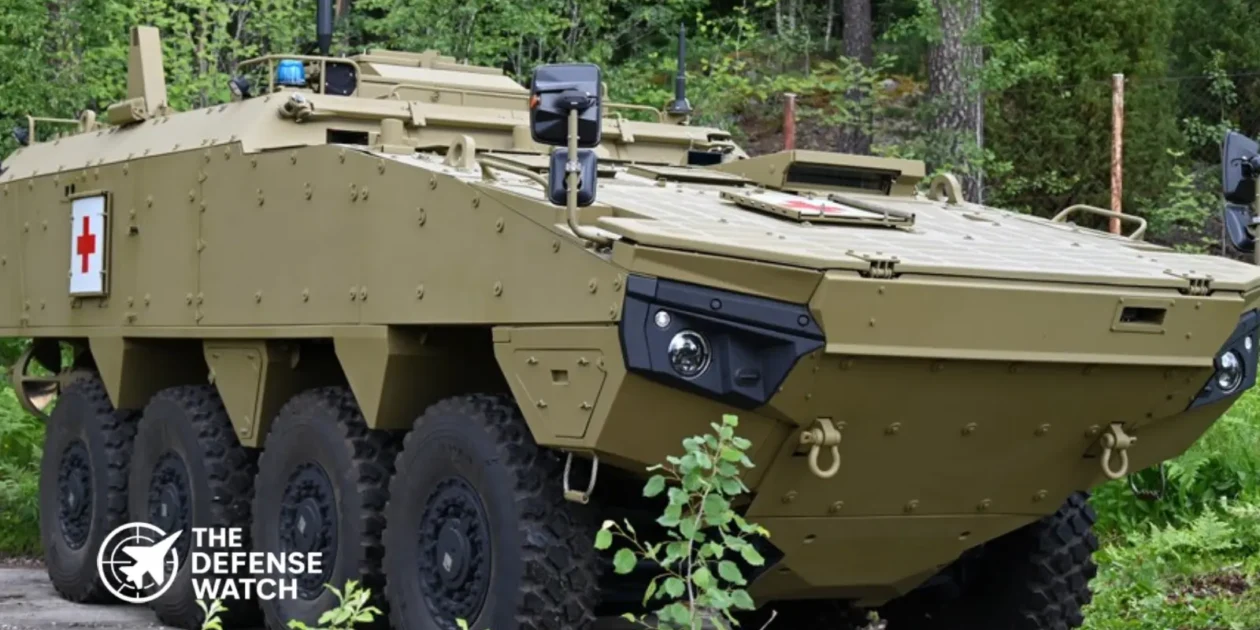 Patria AMV XP 8x8 armored ambulance vehicle delivered to the Slovak Armed Forces during a handover ceremony in Slovakia.