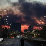 Large plume of smoke rises over Kyiv following a Russian missile and drone attack as residents shelter during air raid alerts.