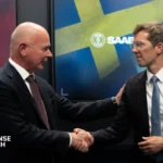 Saab headquarters and digital battlefield command interface representing the company's investment in French defense AI firm Comand AI.