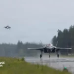 U.S. Marine Corps F-35B Lightning II fighter conducting highway landing operations in Finland during NATO Exercise Ramstein Flag 2026.