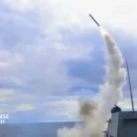 U.S. Navy Tomahawk cruise missile launch compared with a Naval Strike Missile launcher aboard a modern warship.