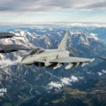 Concept illustration of a Eurofighter fighter jet flying alongside autonomous wingman combat drones designed for future European air operations.