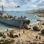U.S. Navy Medium Landing Ship concept supporting Marine Corps Expeditionary Advanced Base Operations during littoral operations.