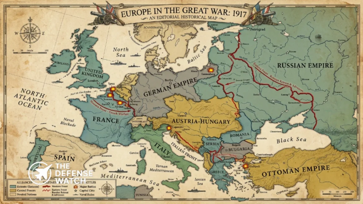 World War I map of Europe showing Allied and Central Powers and major military fronts