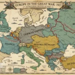 World War I map of Europe showing Allied and Central Powers and major military fronts