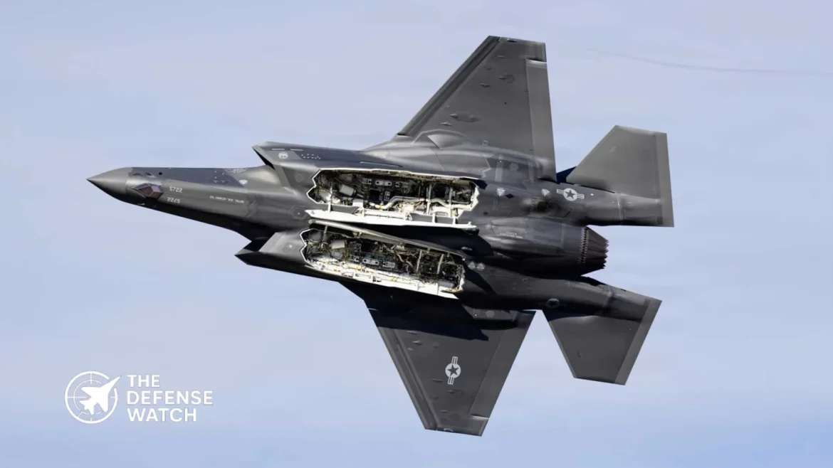 U.S. Air Force F-35A Lightning II with internal weapons bay open, illustrating the fighter's low observable internal weapons carriage and planned six-missile configuration.